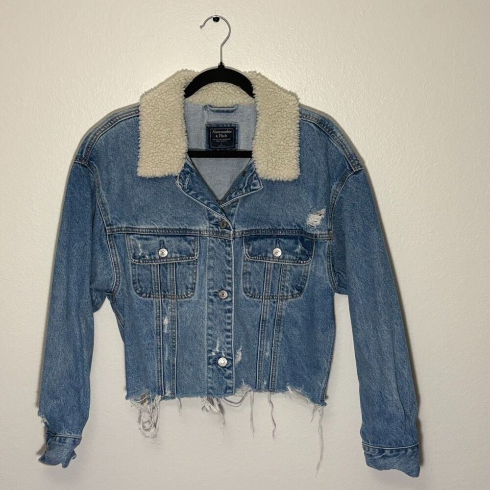 Abercrombie & Fitch Denim Jacket Crop Womens Jean Distressed Jacket Sherpa Fur